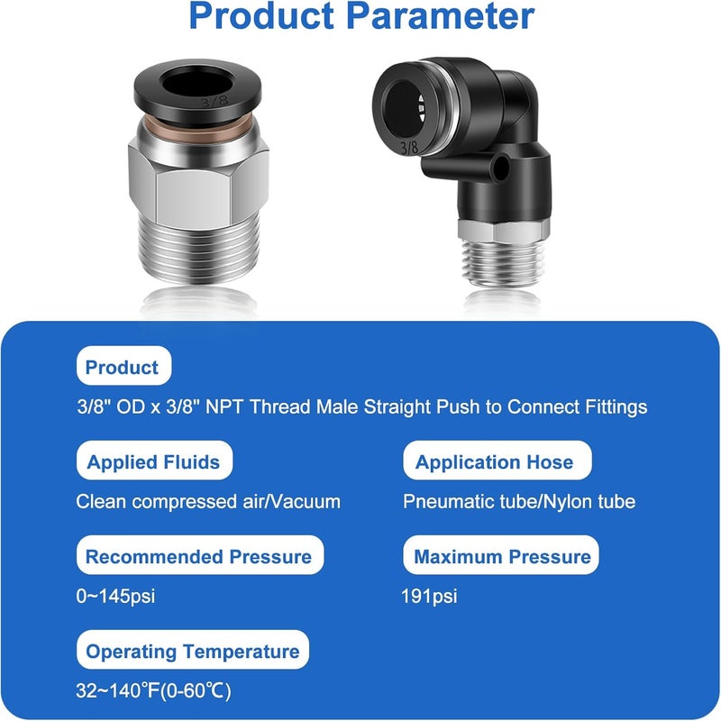 cnaodun 12 Pcs Push to Connect Fittings 3/8 Inch Tube OD x 3/8 Inch NPT Thread Pneumatic Male Straight and Elbow Quick Connect Air line fittings - Image 2